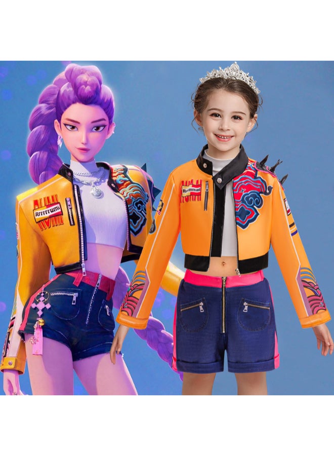 KPop Demon Hunters Rumi Cosplay Costume K-Pop Demon Hunter Outfit with Jacket and Shorts Set, Anime-Inspired Performance Wear for Fans, Events, Stage Shows and Costume Parties 7to9 years 130cm - Image 1